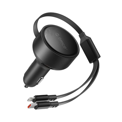 ⁨Ładowarka samochodowa USB-C 60 W ze zwijanymi kablami USB-C iPhone Lightning - czarna⁩ w sklepie Wasserman.eu