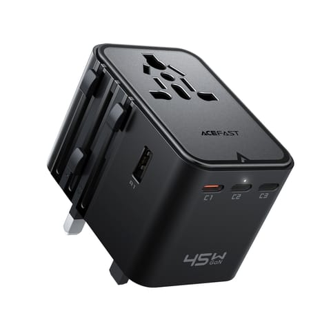 ⁨Adapter podróżny ładowarka sieciowa USB-C USB-A AC EU US UK AU - czarna⁩ w sklepie Wasserman.eu