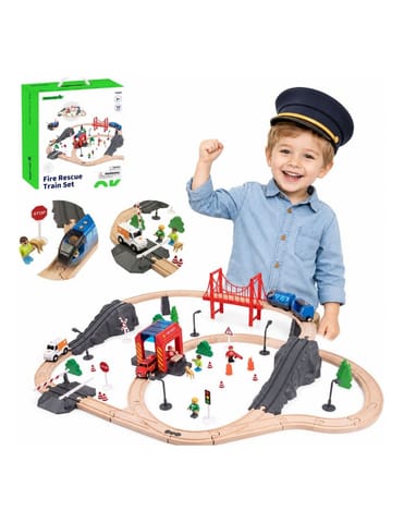 ⁨Tooky Toy Drewniana Kolejka Elektryczna Straż Pożarna Efekty Dźwiękowe 70 el. FSC⁩ w sklepie Wasserman.eu