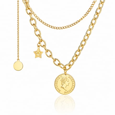 ⁨Surgical Steel Necklace Gold Double With Decorative Pendant NST1053⁩ at Wasserman.eu