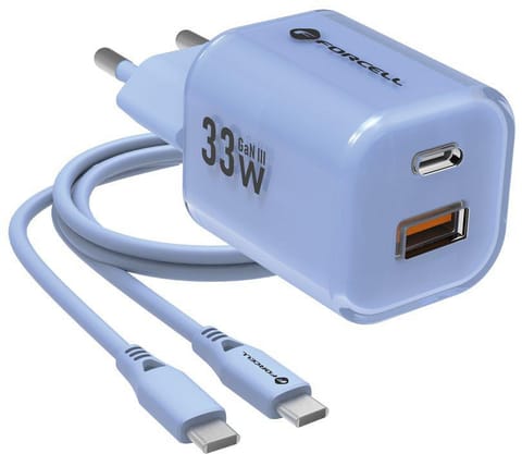 ⁨ŁADOWARKA SIECIOWA Forcell F-Energy GaN III VT-41 33 W 1x USB-C 1x USB-A PD 3.0 QC 4.0 NIEBIESKA⁩ w sklepie Wasserman.eu