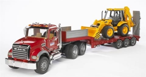 ⁨Bruder MACK Granite Low loader truck with JCB 4⁩ at Wasserman.eu