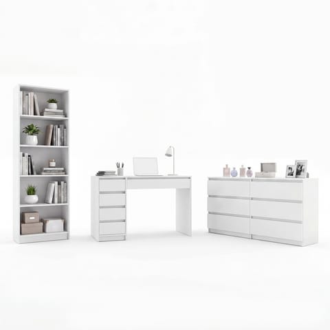 ⁨Zestaw Mebli Biurko Arto + Komoda Malwa M6 + Regał R60 BIEL Do Pokoju Biura⁩ w sklepie Wasserman.eu