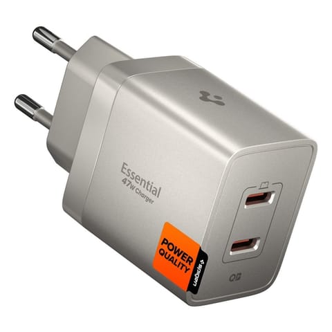 ⁨Spigen Essential EE472EU GaN - Ładowarka sieciowa 2x USB-C PD PPS 47W (Natural Titanium)⁩ w sklepie Wasserman.eu
