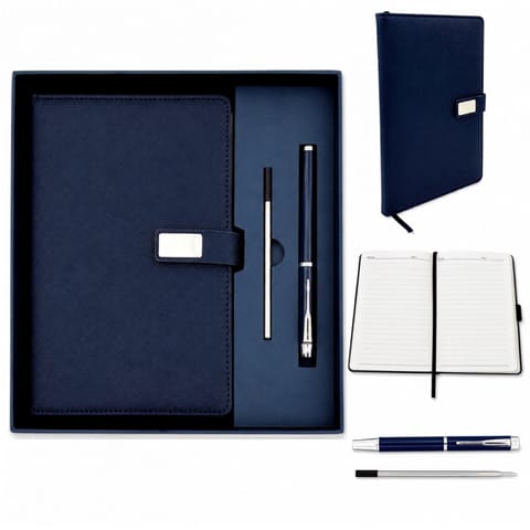 ⁨Elegancki Zestaw Prezentowy Granatowy Skórzany Notes A5 z Długopisem w Pudełku Prezentowym - EE13⁩ w sklepie Wasserman.eu