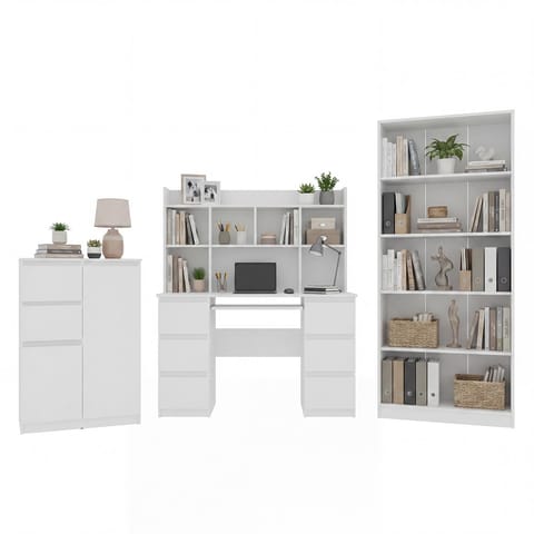 ⁨Zestaw Mebli Biurko Kuba z Nadstawką 130 + Komoda 2D2S + Regał R80 BIEL⁩ w sklepie Wasserman.eu