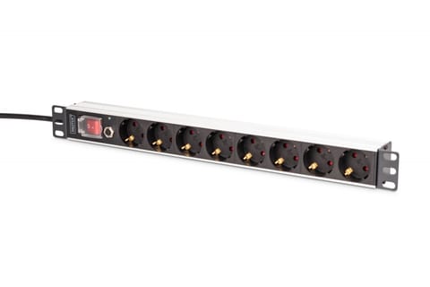 ⁨Listwa zasilająca PDU Rack 19" z zabezpieczeniem przeciążeniowym, 8 gniazd Schuko CEE 7/3 (45°), kabel 2m wtyk Unischuko, 16A, aluminiowa⁩ w sklepie Wasserman.eu