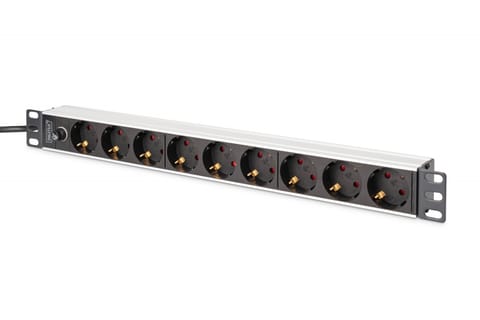 ⁨Listwa zasilająca PDU Rack 19" z bezpiecznikiem przeciążeniowym, 9 gniazd Schuko CEE 7/3 (45°), kabel 2m wtyk IEC C14, 10A, aluminiowa⁩ w sklepie Wasserman.eu