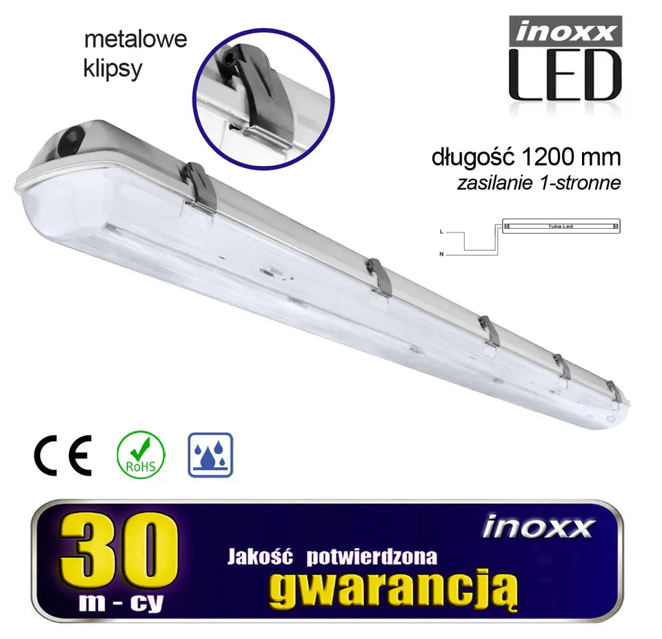 ⁨Oprawa hermetyczna przemysłowa ip65 led 1x120cm t8 g13 jednostronnie zasilana⁩ w sklepie Wasserman.eu