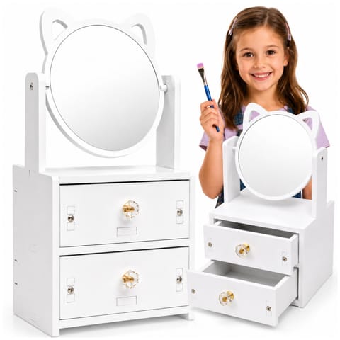 ⁨Toaletka z Lustrem Organizer na Kosmetyki dla Dzieci i Dorosłych Biała 34x16x13 cm⁩ w sklepie Wasserman.eu