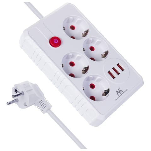 ⁨Power strip MCE392 W 4 sockets 3xUSB, 110-240V AC 50/60Hz, 2.1A max 2500W 1,5m white⁩ at Wasserman.eu