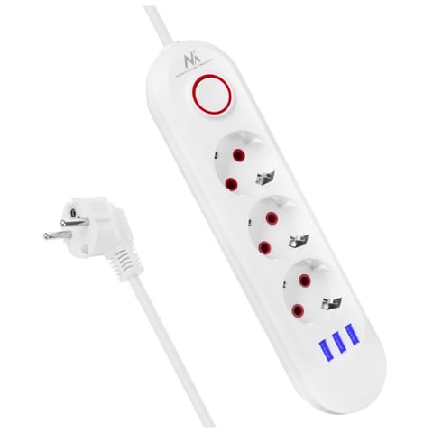 ⁨Power strip MCE394W 3 sockets 3xUSB, 110-240V AC 50/60, 2.1A max 2500W, white⁩ at Wasserman.eu