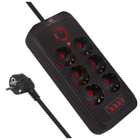 ⁨Power strip MCE389 B 6 sockets 4xUSB, 110-240V AC 50/60Hz, 2.1A max 2500W, black⁩ at Wasserman.eu