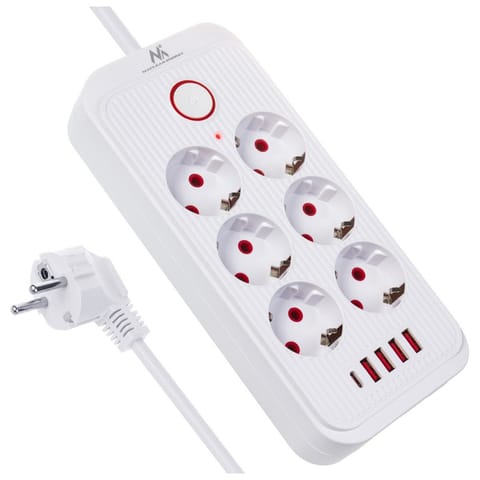⁨Power strip MCE391 W 6 sockets 4xUSB 110-240V AC 50/60Hz, 2.1A max 2500W, white⁩ at Wasserman.eu