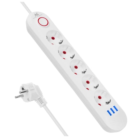 ⁨Power strip 5 sockets MCE395 W 3xUSB, 110-240v AC 50/60Hz, 2,1A max 2500W, white⁩ at Wasserman.eu