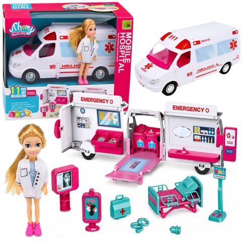 ⁨Rozkładany Ambulans Dla Lalek Szpital Mini Laleczka Akcesoria 11 el.⁩ w sklepie Wasserman.eu