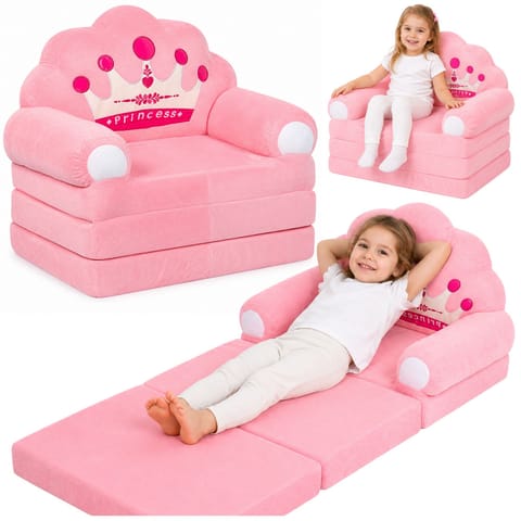 ⁨Rozkładany Fotel Sofa Leżanka z Koroną 2W1 Dla Dzieci Miękki Różowy⁩ w sklepie Wasserman.eu