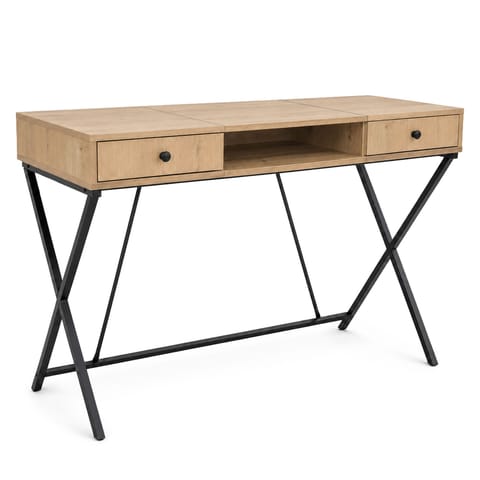 ⁨Biurko industrialne komputerowe Dąb Artisan CROSSLINE 120 cm 2 szuflady 1 półka Czarne nogi⁩ w sklepie Wasserman.eu