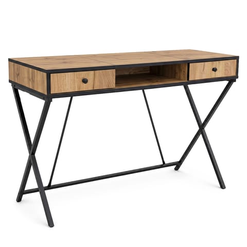 ⁨Biurko industrialne komputerowe Dąb Craft CROSSLINE 120 cm 2 szuflady 1 półka Czarne nogi⁩ w sklepie Wasserman.eu
