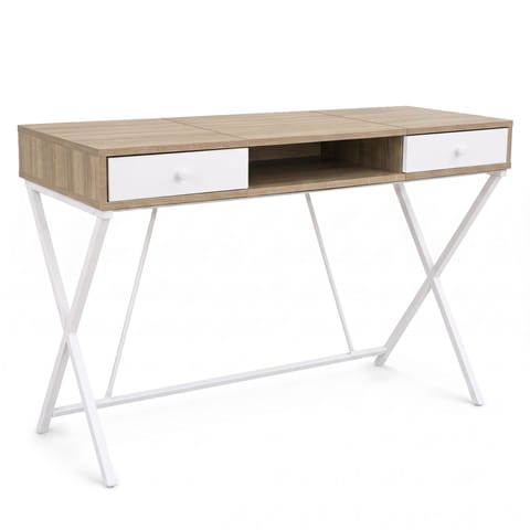 ⁨Biurko industrialne komputerowe Dąb Sonoma CROSSLINE 120 cm 2 szuflady 1 półka Białe nogi⁩ w sklepie Wasserman.eu