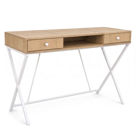 ⁨Biurko industrialne komputerowe Dąb Artisan CROSSLINE 120 cm 2 szuflady 1 półka Białe nogi⁩ w sklepie Wasserman.eu