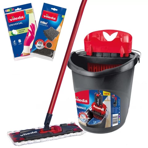⁨Zestaw mop płaski Ultramax + rękawice Universal + zmywak Glitzi 2 szt. Vileda, Bezdotykowy system odsączania, Dwa rodzaje włókie⁩ w sklepie Wasserman.eu