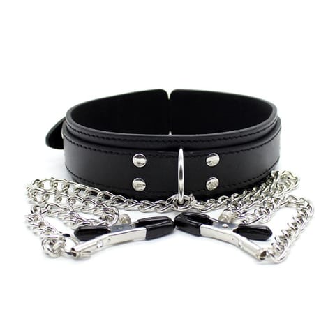 Collar with Nipple Clamps and metal Chain Black w sklepie Wasserman.eu