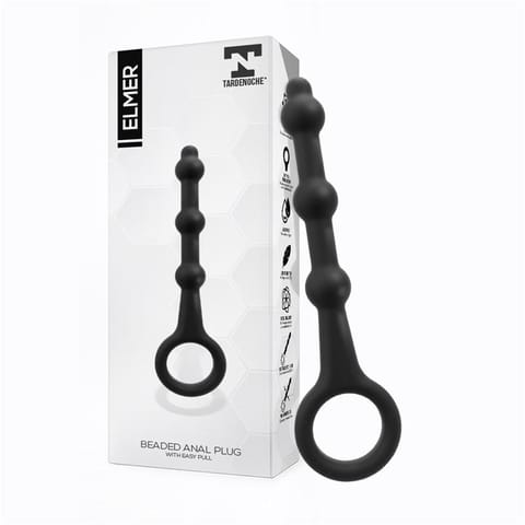 ⁨Elmer Beaded Butt Plug with Easy Pull Ring Silicone Black⁩ w sklepie Wasserman.eu