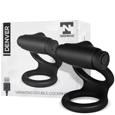 ⁨Denver Double Cockring with Vibrating Bullet USB Silicone Black⁩ w sklepie Wasserman.eu