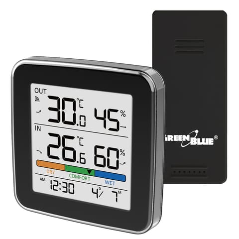 ⁨Bezprzewodowa stacja pogody GreenBlue,temperatura + wilgotność IN/OUT, zegar + alarm + data, °C / °F, do 60m, czarna, GB169 B⁩ w sklepie Wasserman.eu