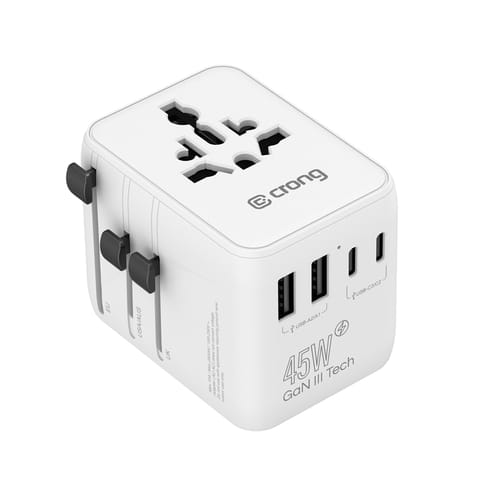 ⁨Crong One World Travel Adapter – Uniwersalny adapter podróżny GaN 45W UK/EU/US/AU (biały)⁩ w sklepie Wasserman.eu