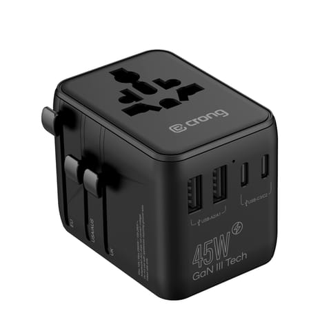 ⁨Crong One World Travel Adapter – Uniwersalny adapter podróżny GaN 45W UK/EU/US/AU (czarny)⁩ w sklepie Wasserman.eu