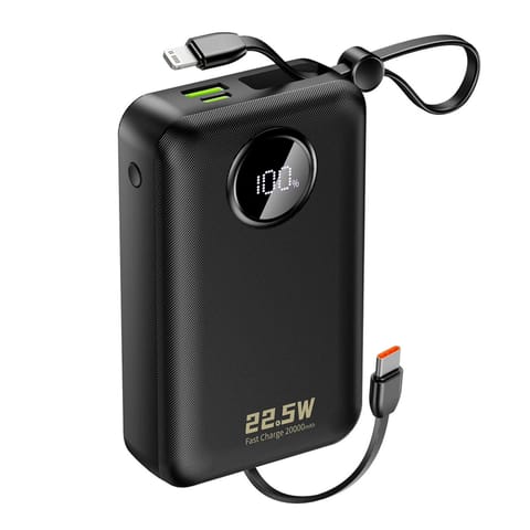 ⁨Powerbank 20000mAh USB-C USB-A z wbudowanymi kablami iPhone Lightning USB-C - czarny⁩ w sklepie Wasserman.eu