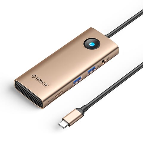 ⁨HUB 8w1 USB-C - USB-A USB-C HDMI SD microSD RJ45 mini jack PD 100W 4K 60Hz - różowo-złoty⁩ w sklepie Wasserman.eu