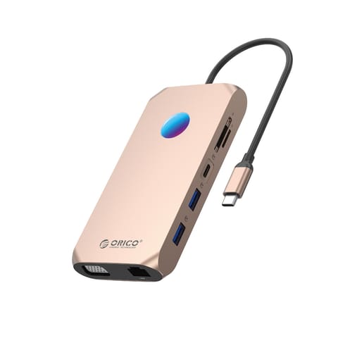 ⁨HUB 12w1 USB-C - USB-A USB-C HDMI VGA SD RJ45 mini jack PD 100W 4K 1000 Mbps RGB - różowo złoty⁩ w sklepie Wasserman.eu