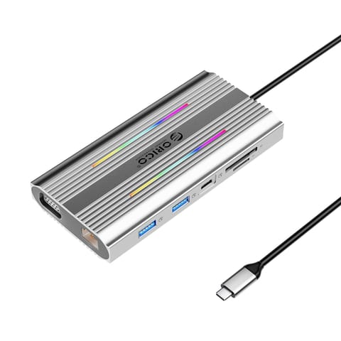 ⁨Stacja dokująca HUB 12w1 USB-C - USB-A USB-C HDMI VGA RJ45 SD microSD PD 100W 4K RGB - szara⁩ w sklepie Wasserman.eu