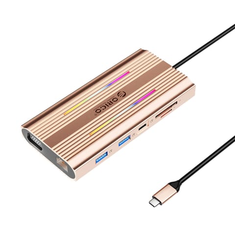 ⁨Stacja dokująca HUB 12w1 USB-C - USB-A USB-C HDMI VGA RJ45 SD microSD PD 100W 4K RGB - różowo złota⁩ w sklepie Wasserman.eu