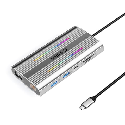 ⁨Stacja dokująca HUB 12w1 USB-C - USB-A USB-C HDMI VGA RJ45 SD PD 100W 4K 1000Mbps RGB - srebrna⁩ w sklepie Wasserman.eu