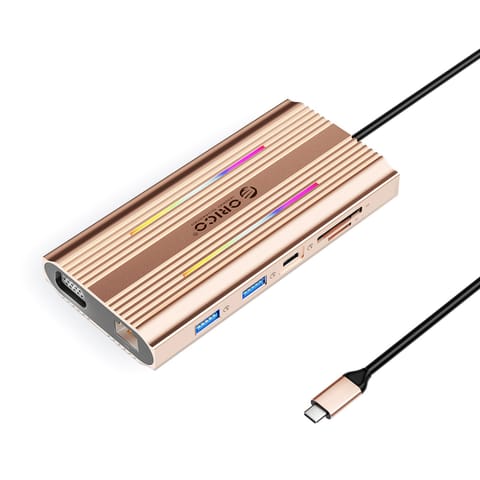 ⁨Stacja dokująca HUB 12w1 USB-C - USB-A USB-C HDMI VGA RJ45 SD PD 100W 4K 1000Mbps RGB - różowo złota⁩ w sklepie Wasserman.eu