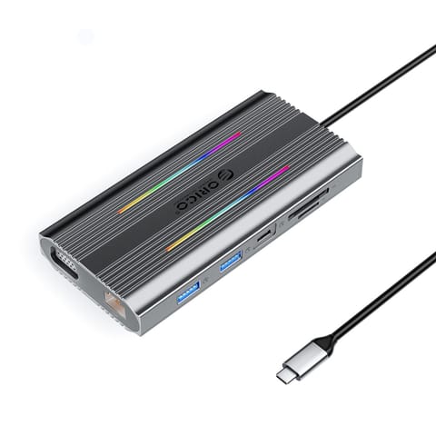 ⁨Stacja dokująca HUB 12w1 USB-C - USB-A USB-C HDMI VGA RJ45 SD PD 100W 4K 1000Mbps RGB - szara⁩ w sklepie Wasserman.eu