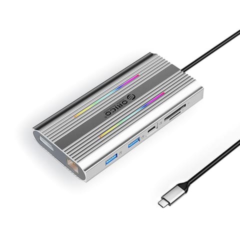 ⁨HUB 12w1 USB-C - USB-A USB-C HDMI DisplayPort RJ45 SD/microSD 4K PD 100 W RGB - srebrny⁩ w sklepie Wasserman.eu