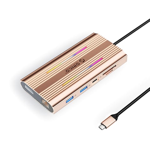 ⁨HUB 12w1 USB-C - USB-A USB-C HDMI DisplayPort RJ45 SD/microSD 4K PD 100 W RGB - różowo złoty⁩ w sklepie Wasserman.eu