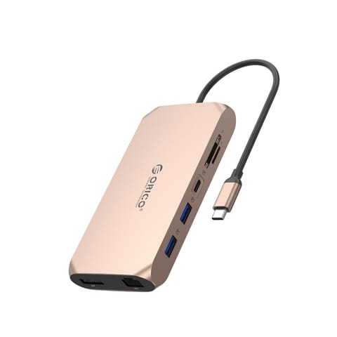 ⁨Stacja HUB 12w1 USB-C - USB-A USB-C HDMI DisplayPort SD/microSD RJ45 3.5mm CTIA - różowo złoty⁩ w sklepie Wasserman.eu