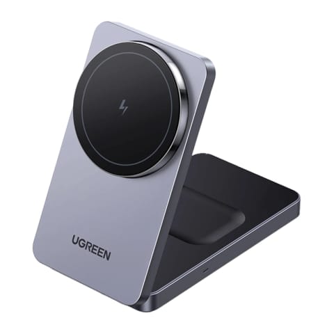 ⁨Ładowarka indukcyjna 2w1 Ugreen W528 do iPhone, AirPods, 20W (szara)⁩ w sklepie Wasserman.eu