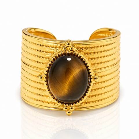 ⁨Pierścionek stal szlachetna platerowana 14k złotem, regulowany, oczko TIGER STONE PST1036⁩ w sklepie Wasserman.eu
