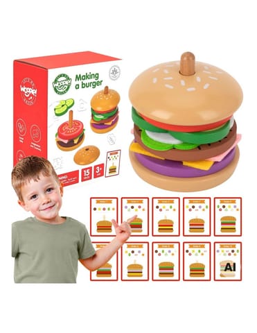 ⁨WOOPIE GREEN Drewniany Burger Restauracja Układanka dla Dzieci 15 el. Certyfikat FSC⁩ w sklepie Wasserman.eu