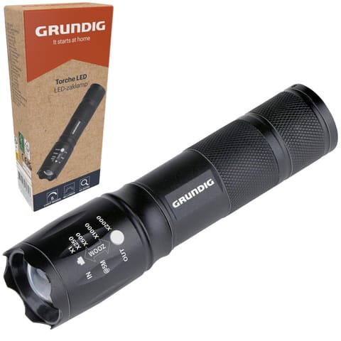 ⁨LATARKA TAKTYCZNA LED GRUNDIG MEGALIGHT 80LM ZOOM 5 TRYBÓW 200M ALUMINIOWA⁩ w sklepie Wasserman.eu
