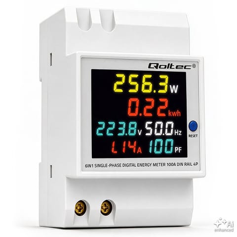 ⁨Qoltec Jednofazowy licznik 6w1| miernik zużycia energii na szynę DIN | 230V | 100A | LCD | CT | 3P⁩ w sklepie Wasserman.eu
