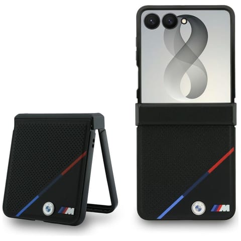 ⁨BMW M Leather Perforated Tricolor Stripe Metal Logos MagSafe - Etui Samsung Galaxy Z Flip 8 (czarny)⁩ w sklepie Wasserman.eu