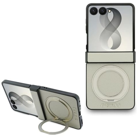 ⁨Guess Magnetic Ring Stand Grained Classic Logo MagSafe - Etui Samsung Galaxy Z Flip 8 (beżowy)⁩ w sklepie Wasserman.eu